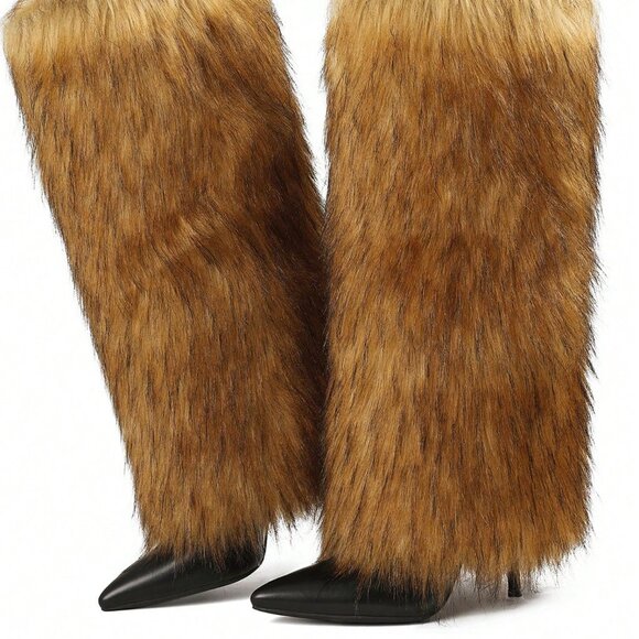 Brown tones Women's  Knee High Faux Fur Stiletto Heel Boots - Picture 4 of 6